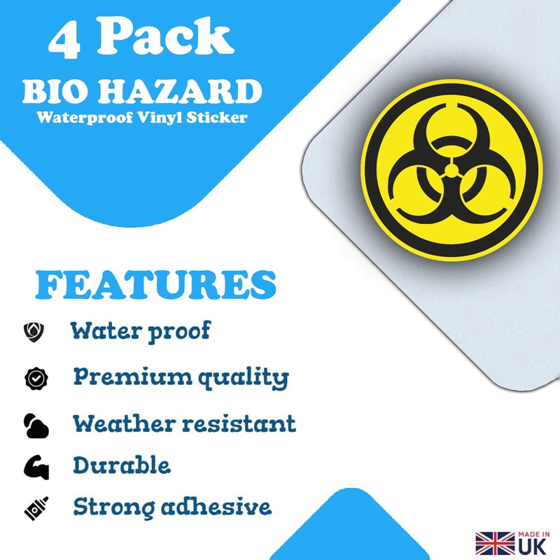4 Pack Biohazard Warning Stickers - 50mm Vinyl Labels -
