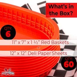 Retro Style Red Fast Food Basket 6 Pk and Black Checkered Liner 60 Pk Combo. Classic 11 In Deli Baskets Are Microwavable and Dishwasher Safe. Disposable Paper Squares for Easy Cleanup