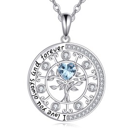 MBSUUH Sterling Silver Zodiac Tree of Life Necklace embalished with Simulated Aquamarine Aries Heart Birthstone Constellation Gifts for Women