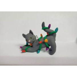 Celtic Forest Clay GRAY CAT Christmas Ornament TANGLED IN LIGHTS Stretching HAND MADE