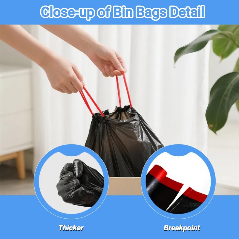 5L Bin Bags Drawstring Small Bin Liners 40 Black Waste