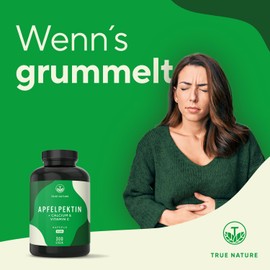 Apfelpektin + Calcium & Vitamin C | 300 Kapseln - 3.000mg pro Tag | Reich an Ballaststoffen - Calcium unterstützt Verdauungsenzyme, Vitamin C schützt Zellen vor oxidativem Stress* - TRUE NATURE