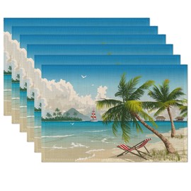 Tropical Beach Placemats Set of 6,Hawaii Palm Tree Placemats 12x18 Inch Waterproof Non-Slip Washable Table Mats for Kitchen Dining Party Table Decor,Set of 6
