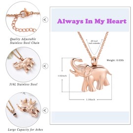 Hearbeingt Cremation Jewelry for Ashes Keepsake Urn Necklace for Human Pet Ashes Pendant, Elephant Memorial Jewelry for Men Women(Rose Gold)