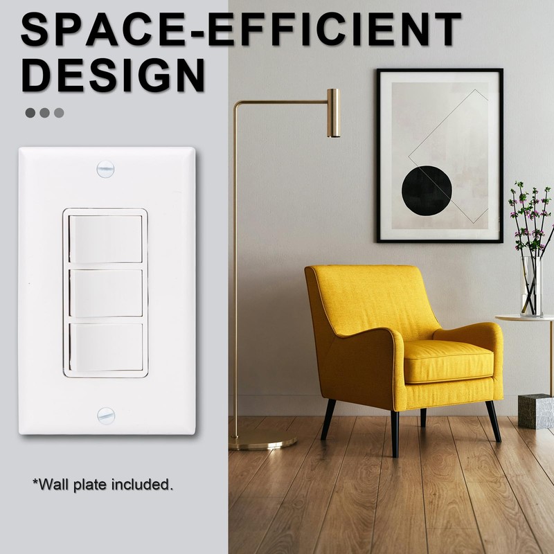 Baomain Triple Rocker Light Switch with Wall Plate, 15A 120V