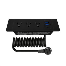 JACEPFY Recessed Power Strip PD20W Fast Charging, Docking Drawer Outlet Kit, Flush Mount Power Strip with 3 USB Ports and 3 AC Outlets, 16 AWG 5 FT Spring Cable, Black