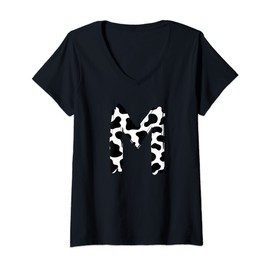 Womens Creative Bold Marker Letter M - Cow Pattern Design V-Neck T-Shirt
