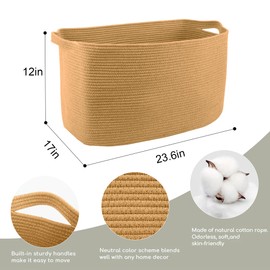 MEGASKET Large Jute Rectangle Rope Basket, 23.6" x 17" x 12" Blanket Basket Living Room, Decorative Woven Baby Laundry Basket, Dog Toy Storage Bin, Clothes Basket, Pool Towel Basket for Bathroom