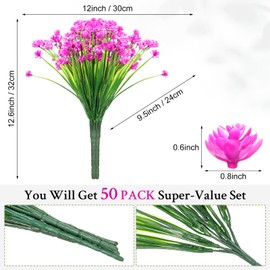 Hoteam 50 Bundles Outdoor Artificial Flowers Plants Uv Resistant Outside Faux Flowers Plastic Fake Plants Outdoor Summer Fall Four Seasons Decoration Shrubs Garden Porch Box, Purple Red
