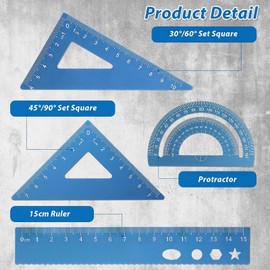 DHWEKU Set Square, Ruler 15 cm Children, 4-Piece Metal Ruler Set with Rounded Corners, Safety Design, Stationery, Maths, Geometry Kit, Protractor for Students, Teachers, School, Blue