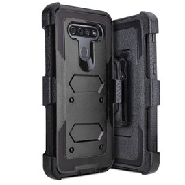 for LG K51 Case, LG Q51 Case, Jackpot Wireless Holster Belt Heavy Duty Built in Screen Protector Shockproof Full Body Protection Kickstand Case Cover with Swivel Belt Clip 6.5inch (Black)