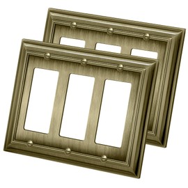 [2 Pack] BESTTEN Grand Collection 3 Gang Zinc Alloy Aged Brass Metal Decorator Wall Plate, Decor Antique Brass Outlet Cover for Switch or Receptacle, Durable Corrosion Resistant