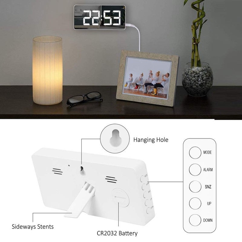 Digital Alarm Clock Large Mirrored LED Clock Snooze Function Dimming