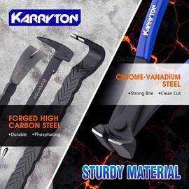 KARRYTON 4-Piece Heavy-Duty Pry Bar Set – 12" & 10" Utility Claw Pry Bars, 15" Flat Pry Bar, 8" End Cutting Pliers | CR-V Steel Nail Puller Tool with Hammer-Function & Ergonomic Grip