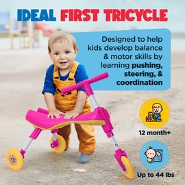Tricycle for Toddlers 1-3 Years Old – Foldable Tricycle for Toddlers – Toddler Bike for Boys and Girls – Easy to Ride and Steer – No Assembly Needed – Christmas, 1st Birthday Gifts Boy - Pink - KIDRIM