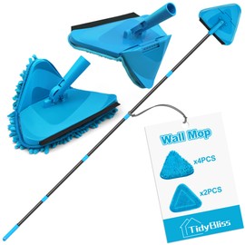 TidyBliss Wall Mop Cleaner with Long Handle 80”, Ceiling Duster Scrubber with 360° Swivel Collapsible Head, Baseboard Cleaning Tool with 4 Chenille and 2 Microfiber Pads for Windows Floor (Blue)