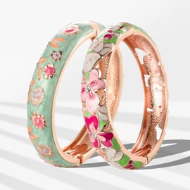 UJOY Colors Handcraft Jewelry Cloisonne Bracelet Enamel Hollowed Flower Spring Hinged Womens Bangles Gifts Box 88A22-55C36 Green