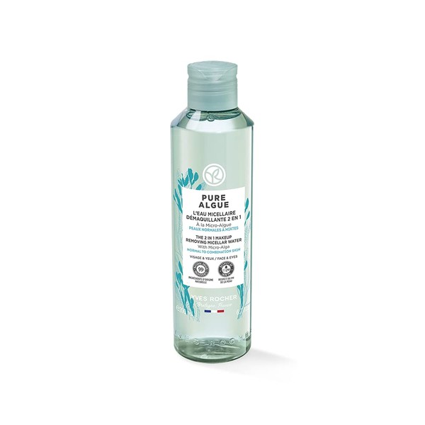 Yves Rocher Pure Algue 2-in-1 Micellar Water - Makeup Remover and Cleanser - Removes Makeup, Cleanses & Moisturizes Face and Eyes- For Normal to Combination Skin- Small Size 200ml (small, 200 ml)