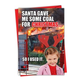 NobleWorks - Humorous Merry Christmas Card with Envelope (4.63 x 6.75 Inch) - Xmas Greeting Card Holiday Stationery Notecard - Coal for Christmas 1850