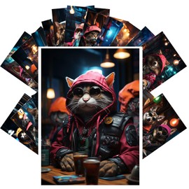PIXILUV Vintage Postcards (24 pcs 4"x6" each) Gang Cats and Gang Dogs Sitting at the Night Bar in Cyberpunk Town Vintage Postcards Retro Greeting Card Book Illustration Reprint Funny Animals