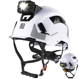 UM ULTRAMAXX Type II Hard Hat with Rechargeable Headlamp – ANSI Z89.1 Class C, Type 2 Hard Hat with Chin Strap, Front & Rear Hardhat Headlamp, for Construction Tree Work Storm Recovery(White)