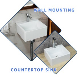 Small Bathroom Sink Wall Mount Bathroom Sink Wash basin, bathroom vessel sinks above counter sink Rectangular No-Drill Installation Self-Adhesive Sink 13 x11.5 Inch Rv sink Plastic Sink for Home Dorm