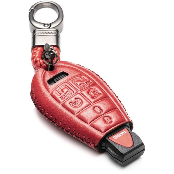 Vitodeco Genuine Leather Smart Key Fob Case Cover Protector with Leather Key Chain Compatible for 2013 - 2020 Dodge Grand Caravan (7-Button, Red)
