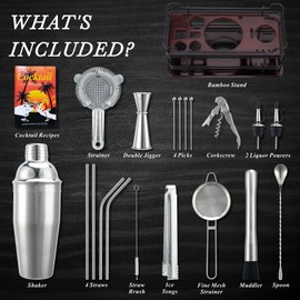 Cocktail Shaker Set with Stand, 20-Piece Complete Bartender Kit for Home & Bar Use, Stainless Steel Bar Set with 25oz Shaker, Bar Accessories and Recipes, Ideal Cocktail Kit for Parties & Gift Giving