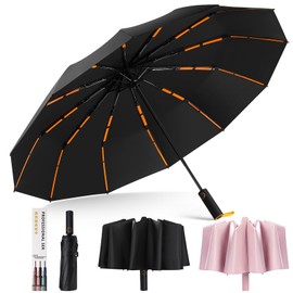 Hnjindong Windproof umbrella, strong, 12-rib reinforced travel automatic pocket umbrella for wind and rain, black