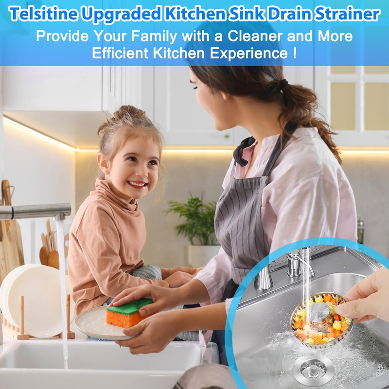Telsitine Upgraded 3-in-1 Kitchen Sink Drain Strainer, 304 Stainless Steel