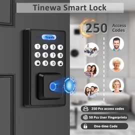 Tinewa Fingerprint Entry Door Lock, Exterior Smart Door Lock for Home & Apartment, Electronic Code Keypad Deadbolt with Keys, Black Locks for Front Door, Auto Lock, Anti-Peeping Password, App Control