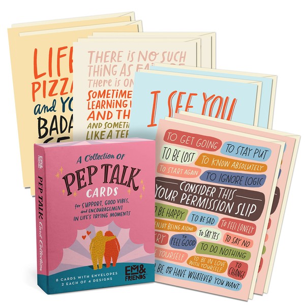 Em & Friends Pep Talk Cards, Funny Greeting Cards & Encouragement Cards with Envelopes (Box of 8)