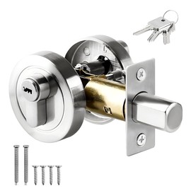 PJHAJH Single Cylinder Deadbolt, Round Deadbolt Lock with Keys, Zinc Alloy Door Locks, Modern Door Locks, for 35-50mm Entrance Door, Bedroom Door (Silver)