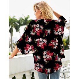 Heynino Women's Floral Chiffon Kimono Cardigans Open Front 3/4 Sleeve Beach Cover Up Capes Sheer Loose Blouse Tops, Black/Floral -1