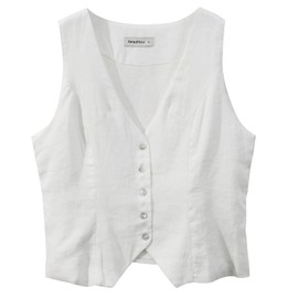Amazhiyu Womens Pure Linen Sleeveless Button Down Crop Top V Neck Waistcoat Vest White, Small