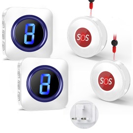 Wireless Caregiver Pager, 1,000ft Personal Panic Alarm Call Bell for Elderly with 5 Volume Levels 55 Chimes LED Flash for Home with 2 Plug in Receivers and 2 SOS Call Buttons Alarms