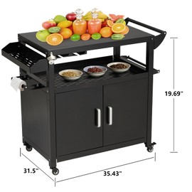 Outdoor Grill Cart Kitchen Island, Weatherproof Cold Rolled Steel Storage Cabinet with 4 Swivel Wheels, Double Magnetic Doors, 4 Hooks, and Silver Handles – Ideal Outdoor Bar Cart, Cooking Station