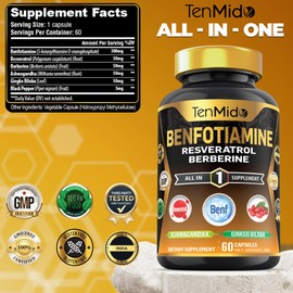 Benfotiamine, Resveratrol, Berberine Supplements - 6in1 with Ashwagandha, Ginkgo Biloba and Black Pepper - High Absorption - 60 Vegan & Non-GMO Capsules