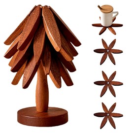 Huipla Wooden Cup Coaster Set,Christmas Tree Shape Trivet Set,4 Wooden Trivets and 1 Stand for Hot Pots and Pans Collapsible Coasters Heat Resistant Pads for Kitchen Counter (Sapele)