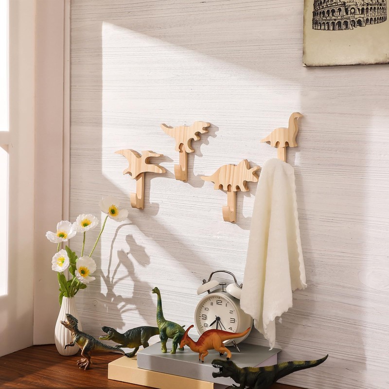 Kathfly 4 Pcs Dinosaur Coat Hooks Dinosaur Wooden Clothing Hanger