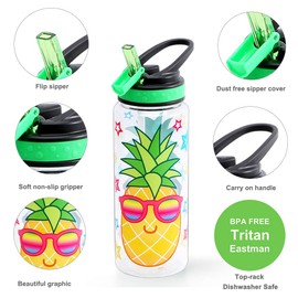HomTune Cute Water Bottle with Straw for School Kids Girls, BPA FREE Tritan & Leak Proof & Easy Clean & Carry Handle, 23oz/ 680ml - Pineapple
