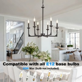 OKELI 6-Light Farmhouse Chandelier for Dining Room, Industrial Black Kitchen Island Pendant Light Fixture, Rustic Candle Chandeliers Modern Hanging Lighting for Bedroom Living Room Entryway Foyer E12