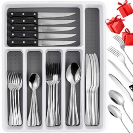 49 Piece Silverware Set with Organizer - Utensil Sets Stainless Steel Cutlery Set for 8, Mirror Finished Flatware Spoons and Forks with Steak Knives, Dishwasher Safe, Rust-proof