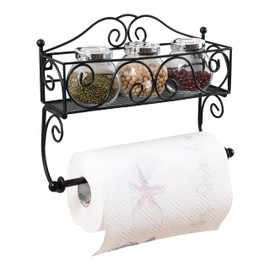 Adhesive Paper Towel Holder with Shelf, Wall Mount, 12in Black for Kitchen, Hand Towel Holder for Bathroom with Shelf