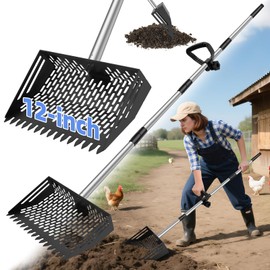 Chicken Poop Scooper & Rake 2-in-1, 4 in 1 Stainless Steel Handle 12 in Chicken Coop Pooper Shovel (23 to 62"), for Animal Sheds, Trash Scoop with Ergonomic Handle, Scooper Sand Sifting Shovel