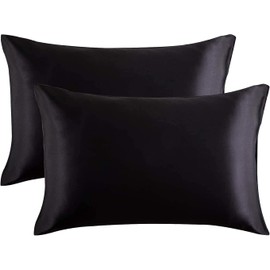 Satin Cushion Cover for Hair and Skin, 100% Silky Luxury Satin Cushion Cover, Pack of 2 Pillowcases, Soft and Breathable, 40 x 80 cm Pillowcases (Black)