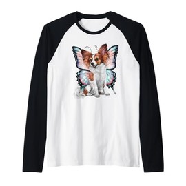 Cartoon Papillon dog with butterfly wings Raglan Baseball Tee