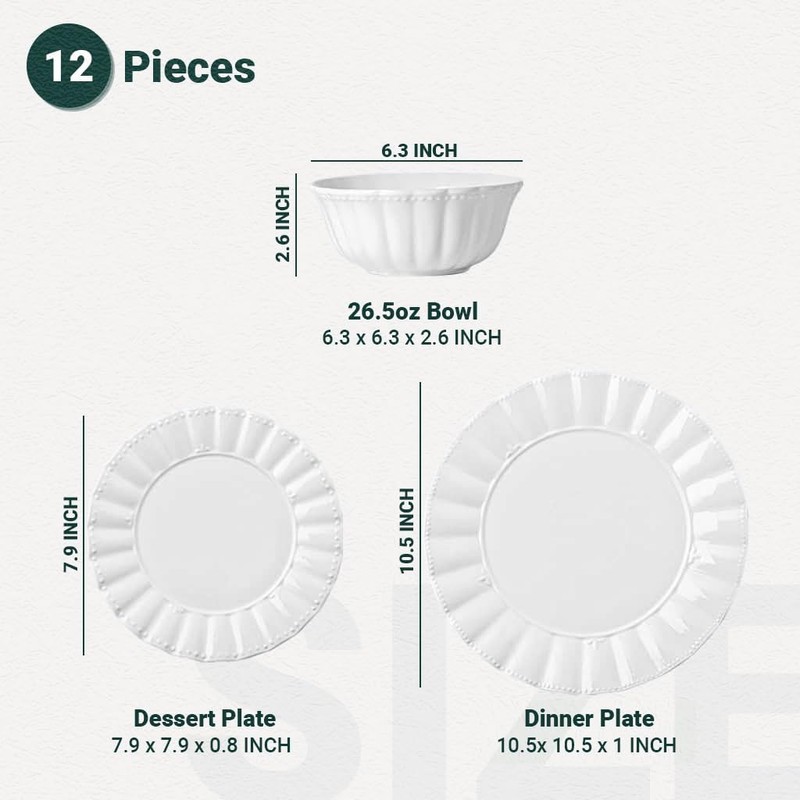 HOMBENE Plates and Bowls Sets, 12 Piece Dinnerware Sets Bone