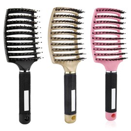 Women Men Detangling Nylon Boar Bristle Brush Curved & Vented Detangling Hair Brush for Women Long, Thick, Curly and Tangled Hair, Blow Drying Detangling and Head Scalp Massage Vented Comb (Gold)