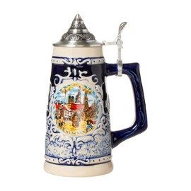 Artisan Owl Munchen Blue Shield Stoneware Beer Stein with Metal Lid and Thumb Lift